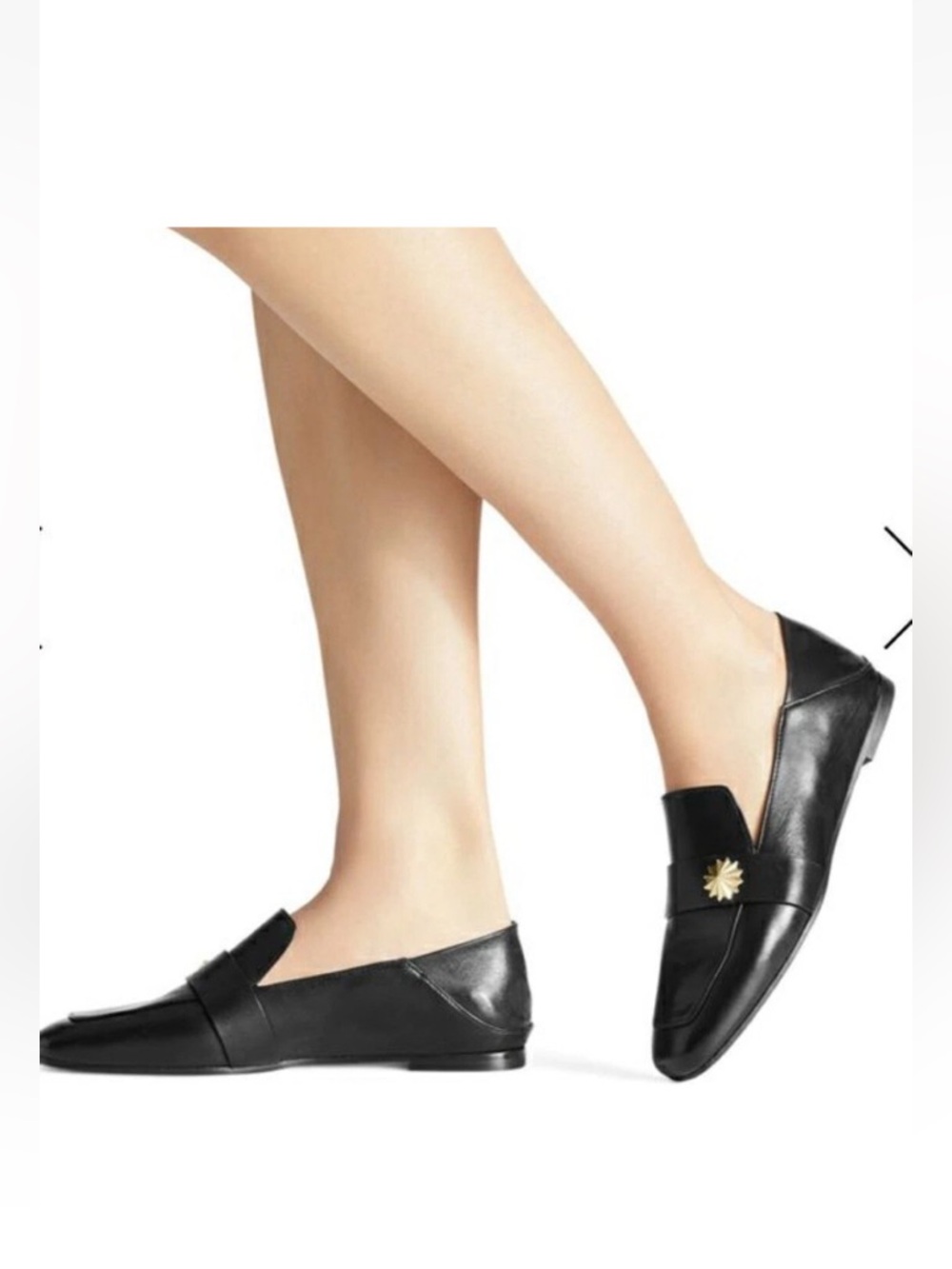 Stuart Weitzman Black Leather Loafers with Gold Sunburst Accent